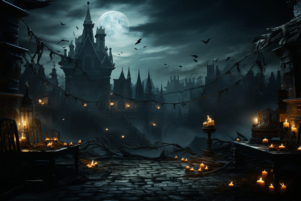 Halloween Spukschloss Kerzen Backdrop RR7-89