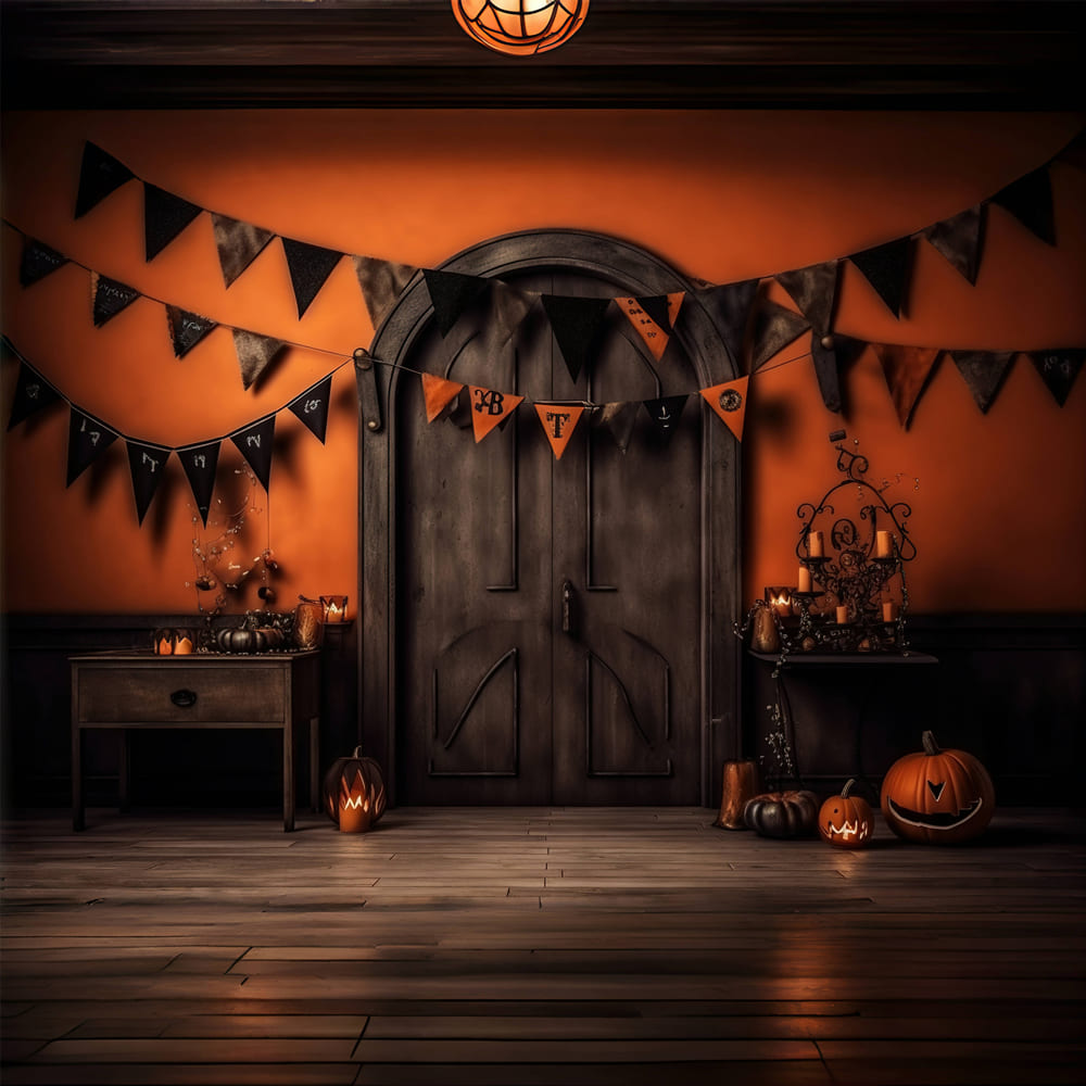 Halloween Kürbis Laterne Schwarze Tür Hintergrund RR7-95