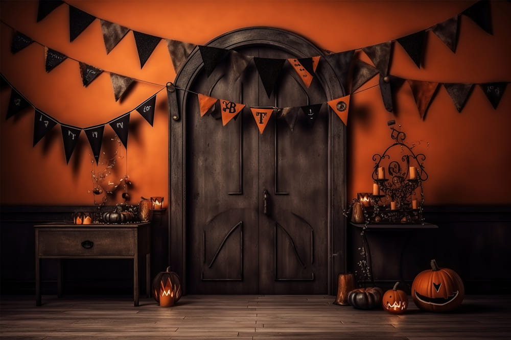 Halloween Kürbis Laterne Schwarze Tür Hintergrund RR7-95