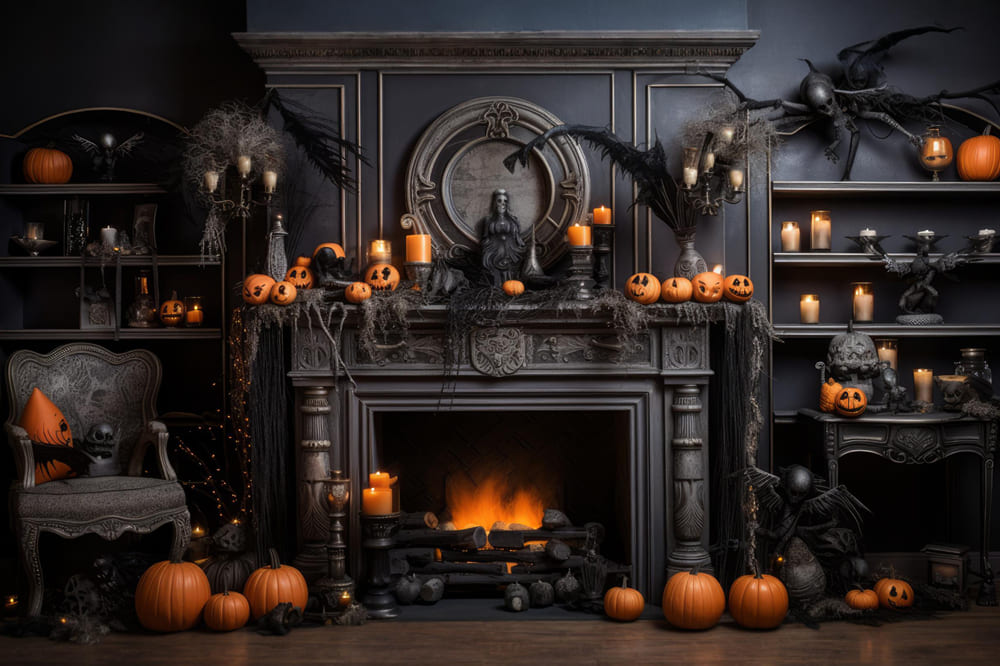 Halloween Kamin Kürbisse Kerzen Backdrop RR7-97