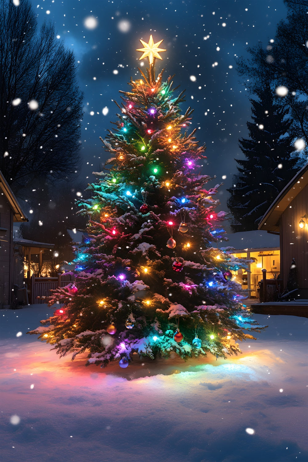 Weihnachtsbaum Bunte Lichter Schnee Backdrop RR8-126