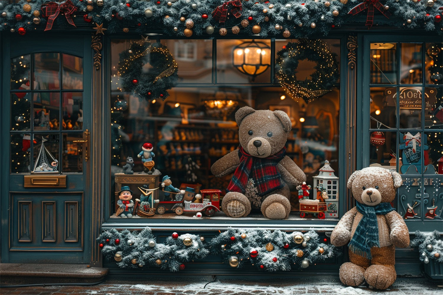 Weihnachtliches Spielzeug-Schaufenster mit Teddybären-Hintergrund RR8-146