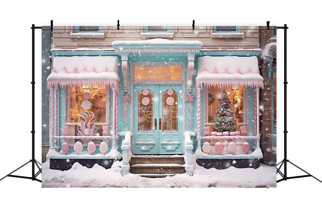 Weihnachtliche verschneite Candyland-Schaufenster-Hintergrundkulisse RR8-149