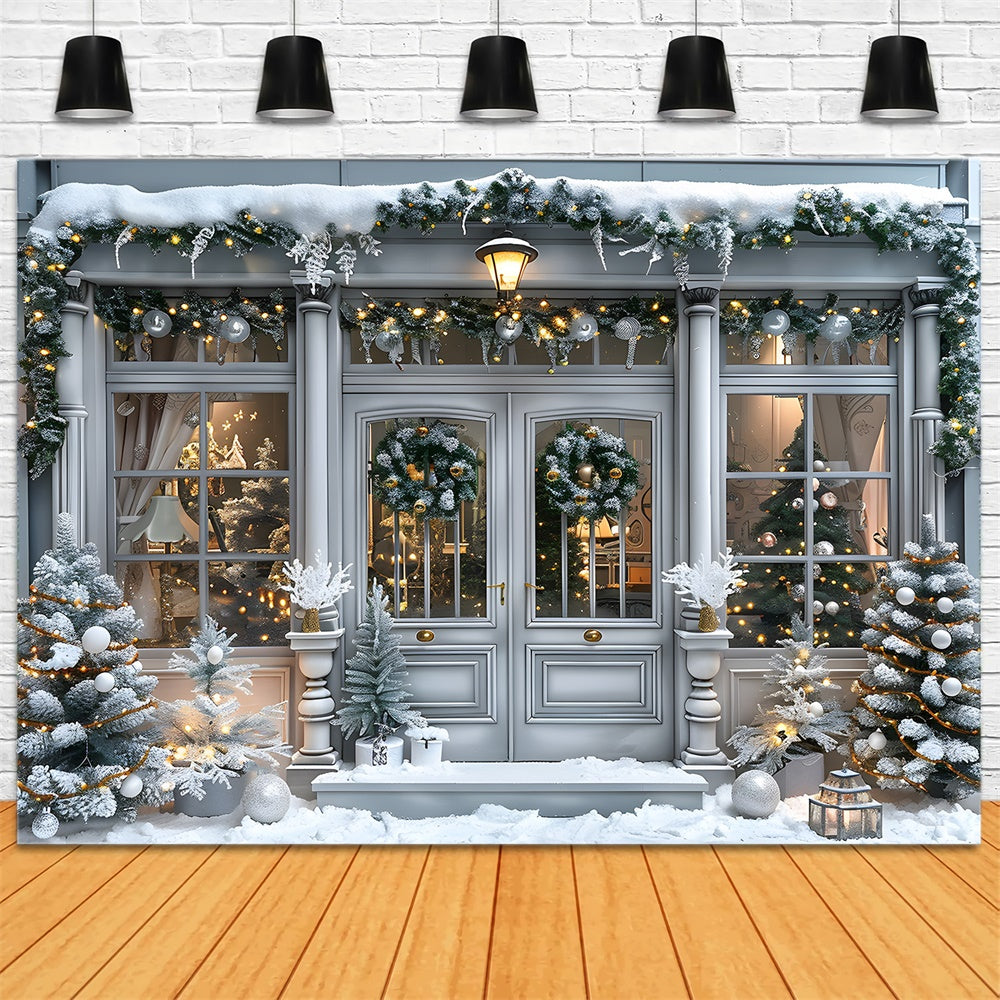 Schneebedeckte Weihnachten Haus Tür Hintergrund RR8-15