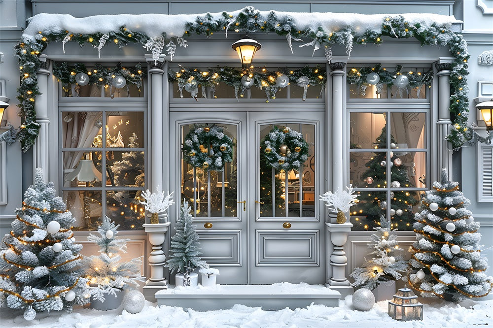 Schneebedeckte Weihnachten Haus Tür Hintergrund RR8-15