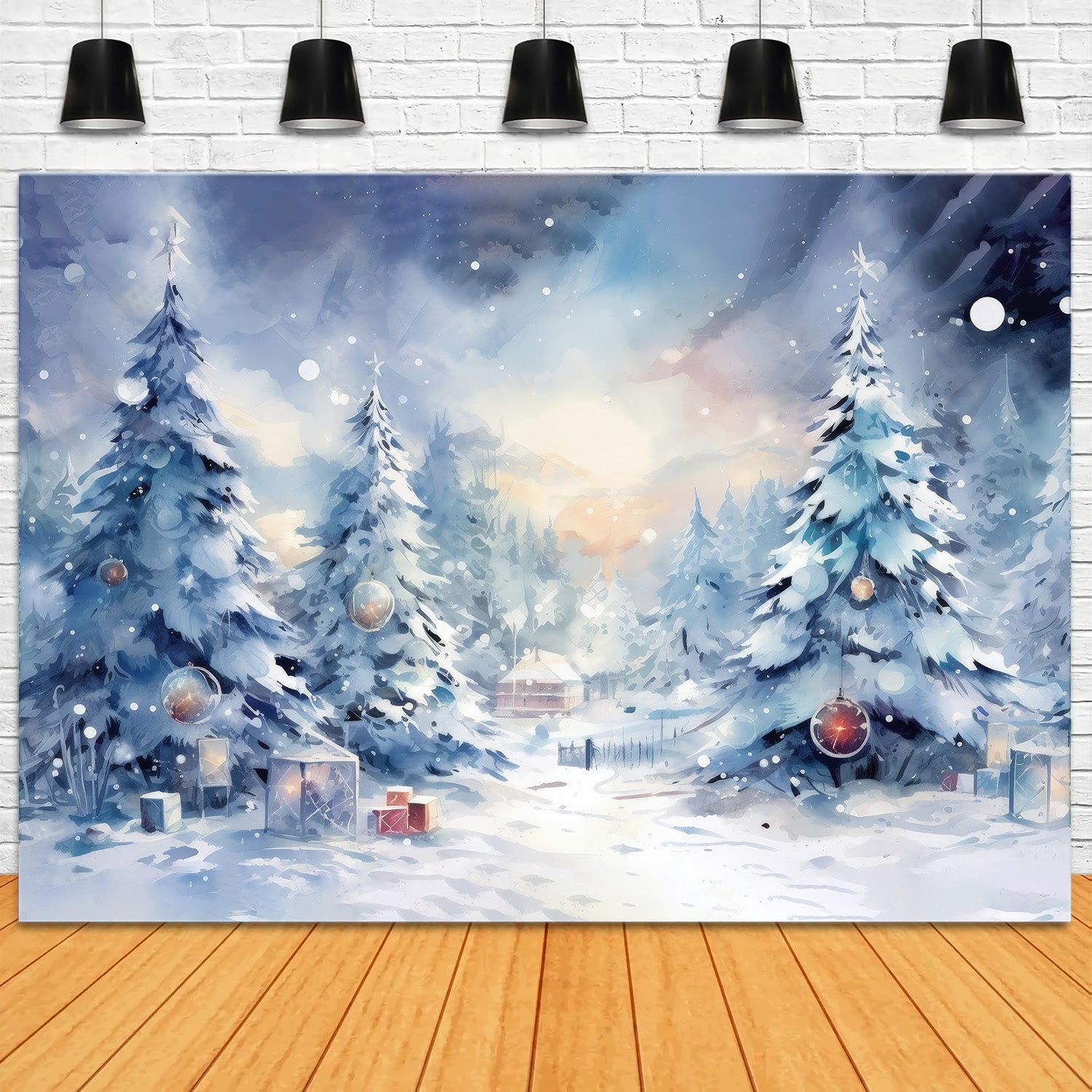 Weihnachten Stiller verschneiter Wald mit Geschenken Backdrop RR8-154