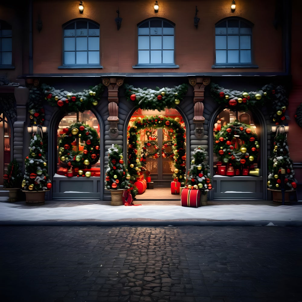 Weihnachtliche Schaufensterfront mit Kränzen Hintergrund RR8-174