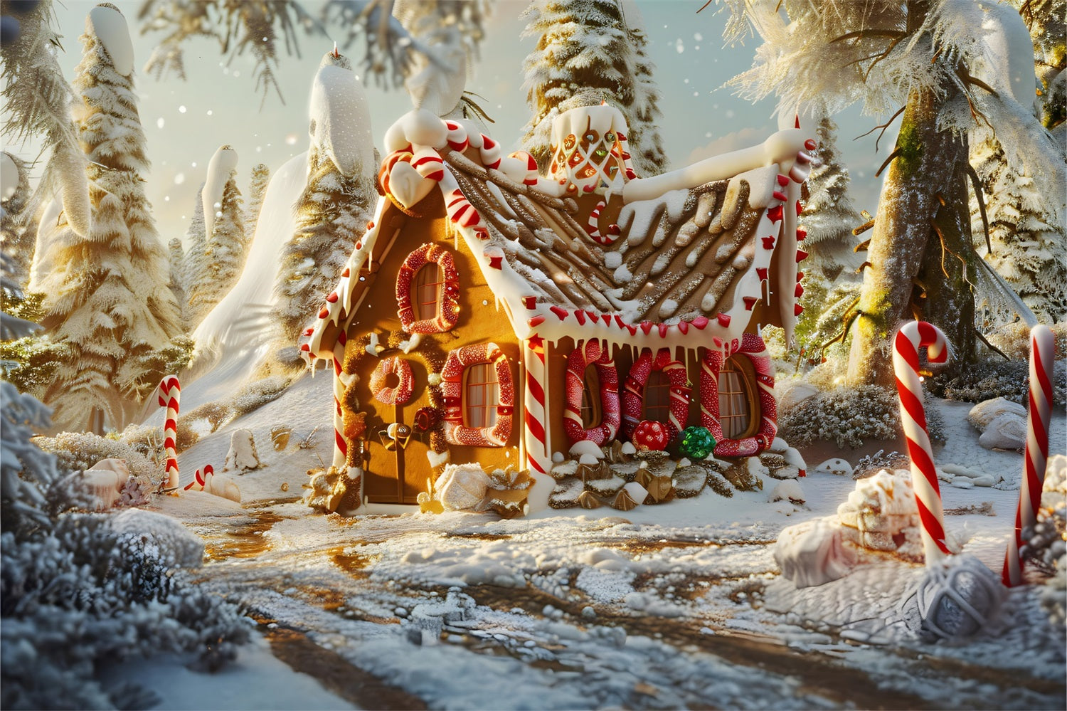 Weihnachten Sonnenuntergang Verschneites Lebkuchenhaus Backdrop RR8-215