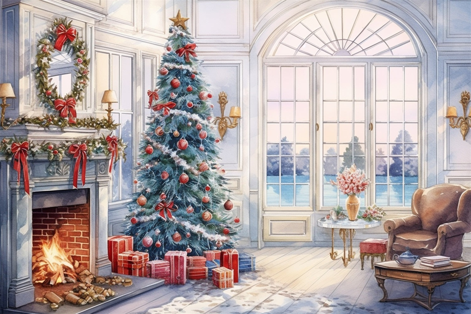 Weihnachten Gemütliches Wohnzimmer Kamin Vintage Backdrop RR8-219