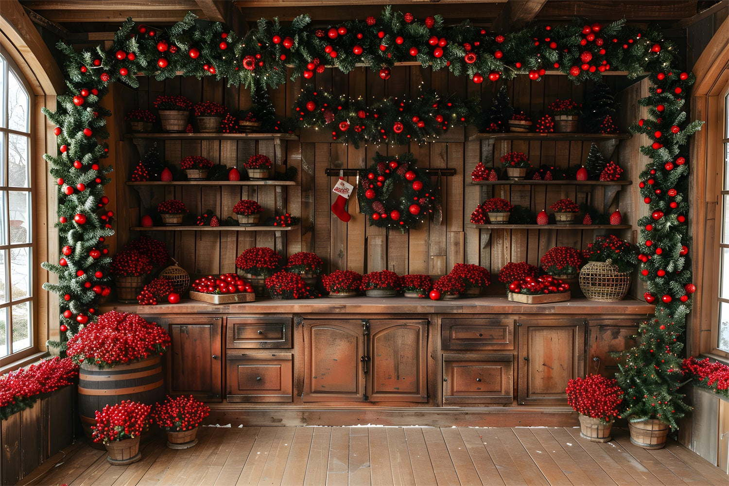 Weihnachten Rustikale Hütte mit roten Beeren Hintergrund RR8-258