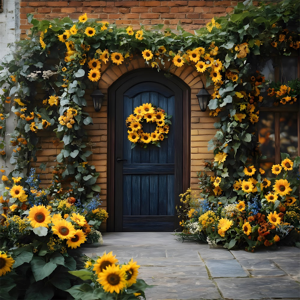 Herbst-Sonnenblumen-Kranz schmückt Tür Hintergrund RR8-314