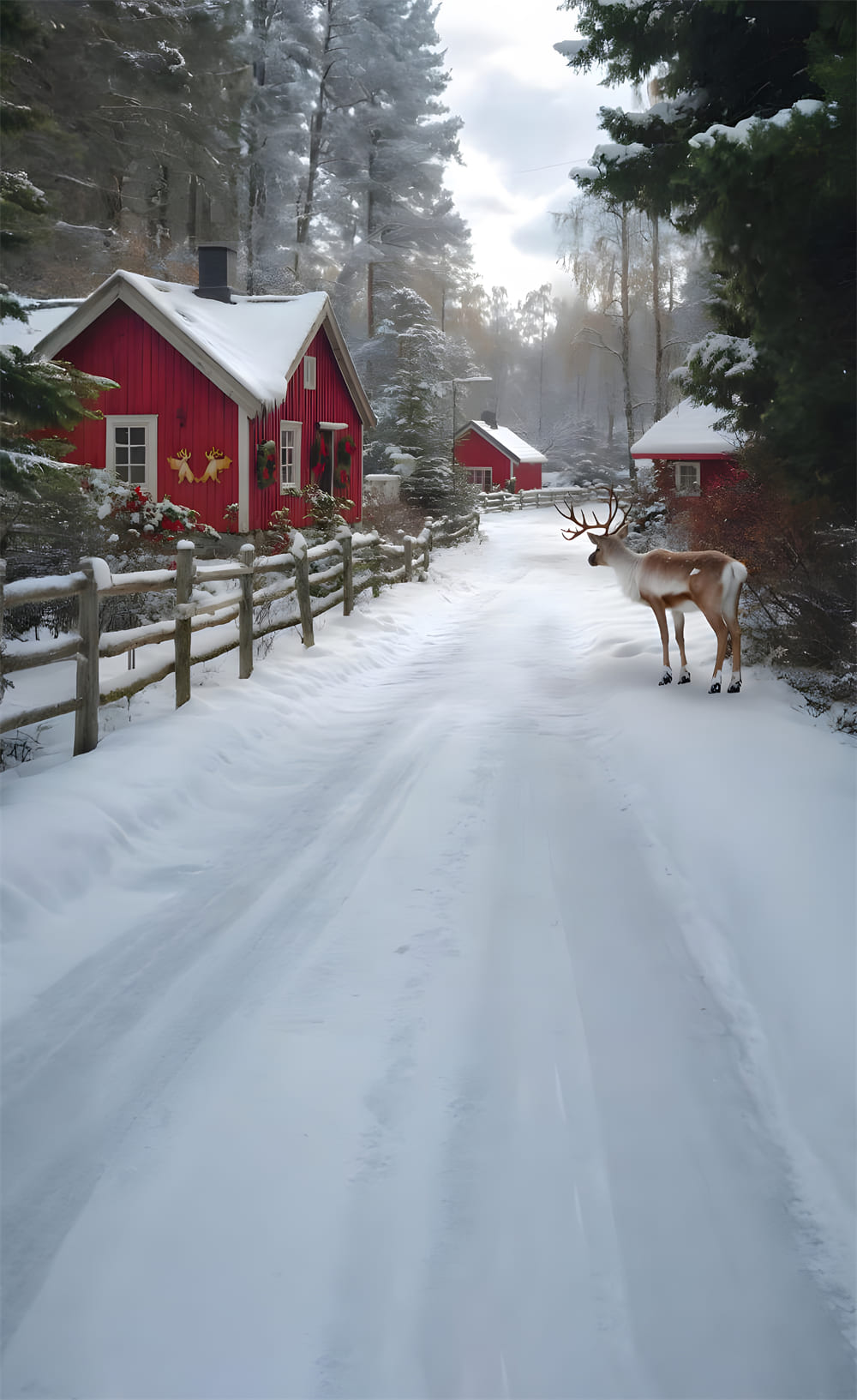 Winter Schnee Sweep Dorf Haus Rentier Hintergrund RR8-358