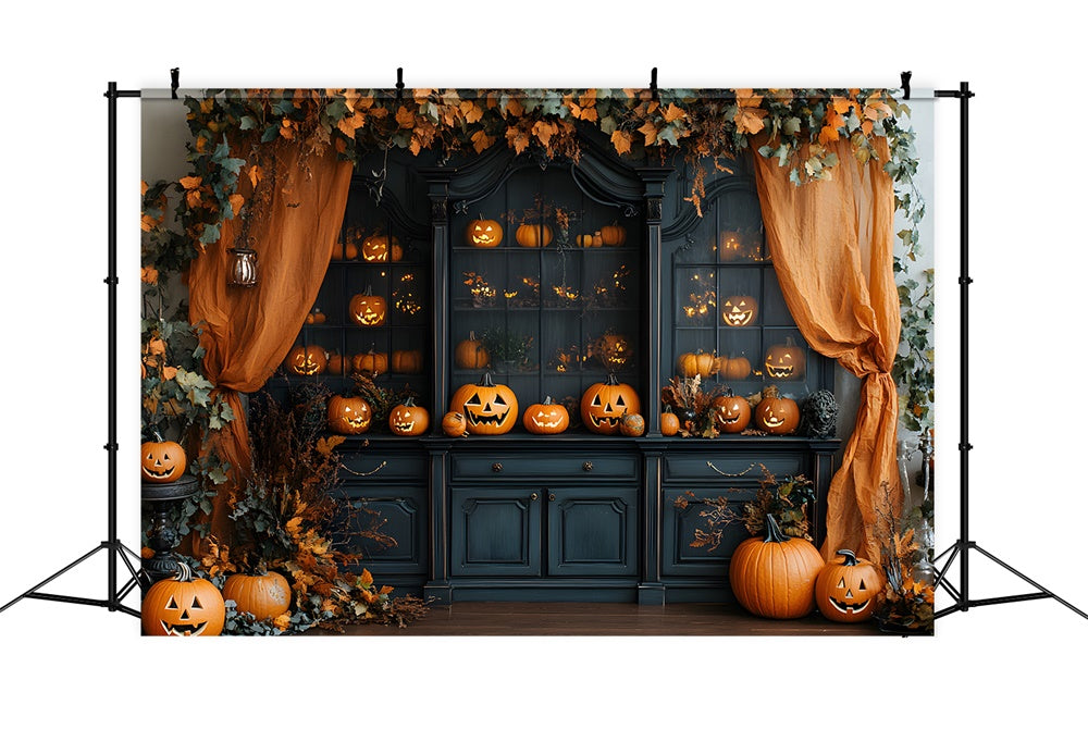 Halloween Innenraum Retro Kabinett Kürbisse Hintergrund RR8-378