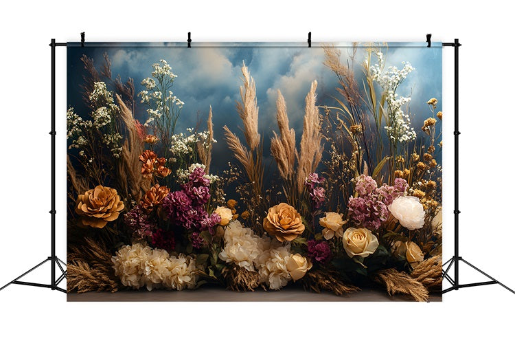 Stimmungsvolle Boho Traumlandschaft mit Blumen Hintergrund RR8-448