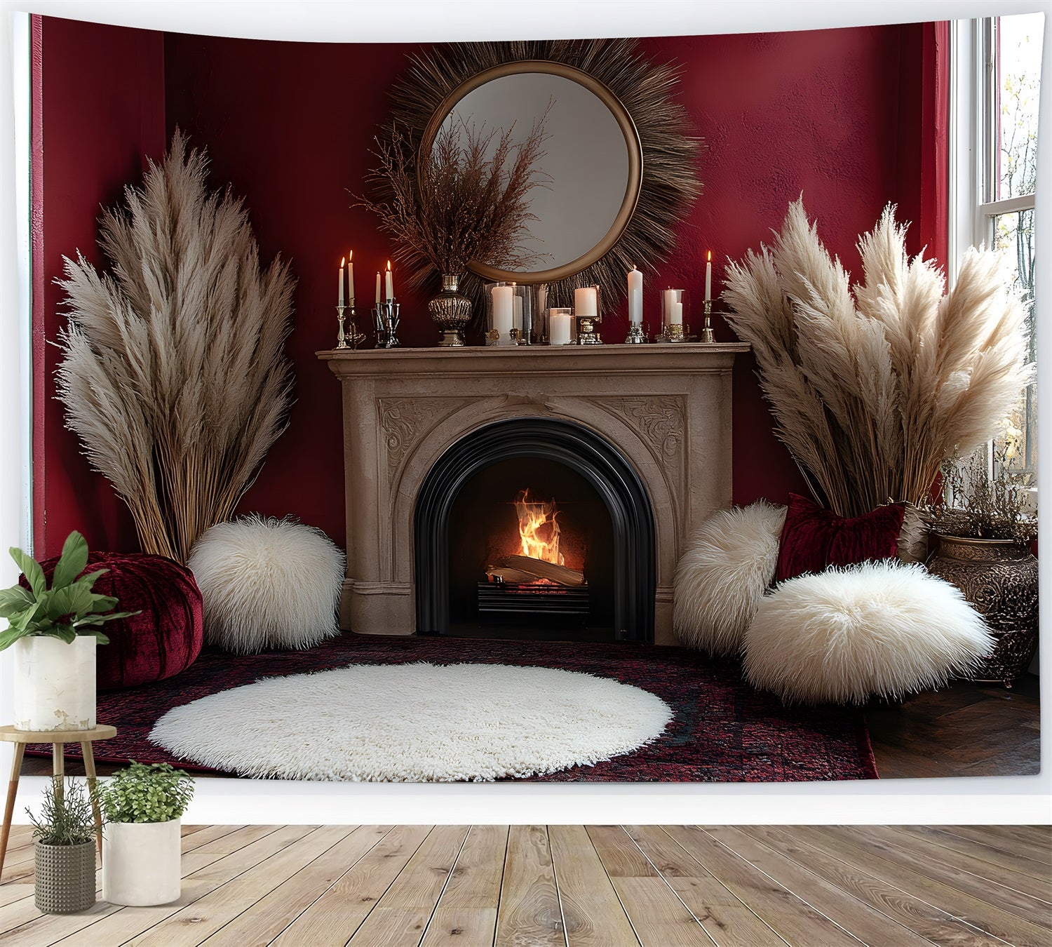 Gemütlicher Boho Kamin Pampas Hintergrund RR8-455