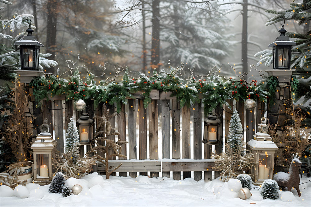 Weihnachtlicher verschneiter Wald Holzzaun Hintergrund RR8-5