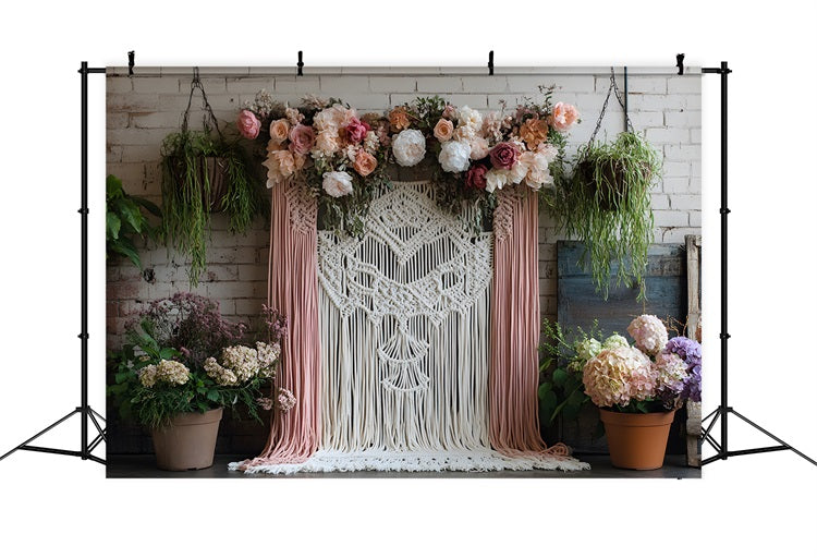 Rustikaler Boho Chic Makramee Hintergrund mit Blumen RR8-502