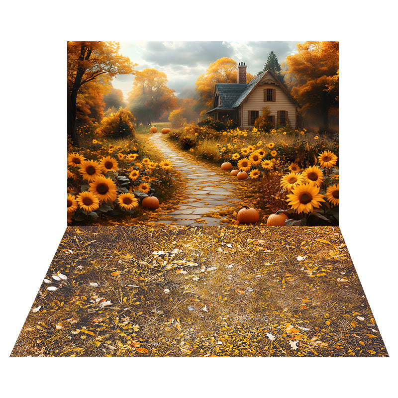 Herbst Sonnenblumenpfad Hintergrund+Bodenhintergrund aus verdorrtem Gras RR8-526