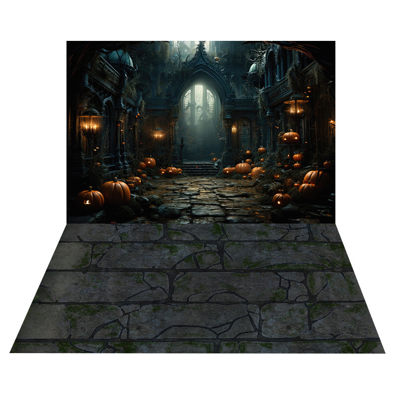 Halloween Spooky Gate Hintergrund+Cracked Brick Bodenhintergrund RR8-551