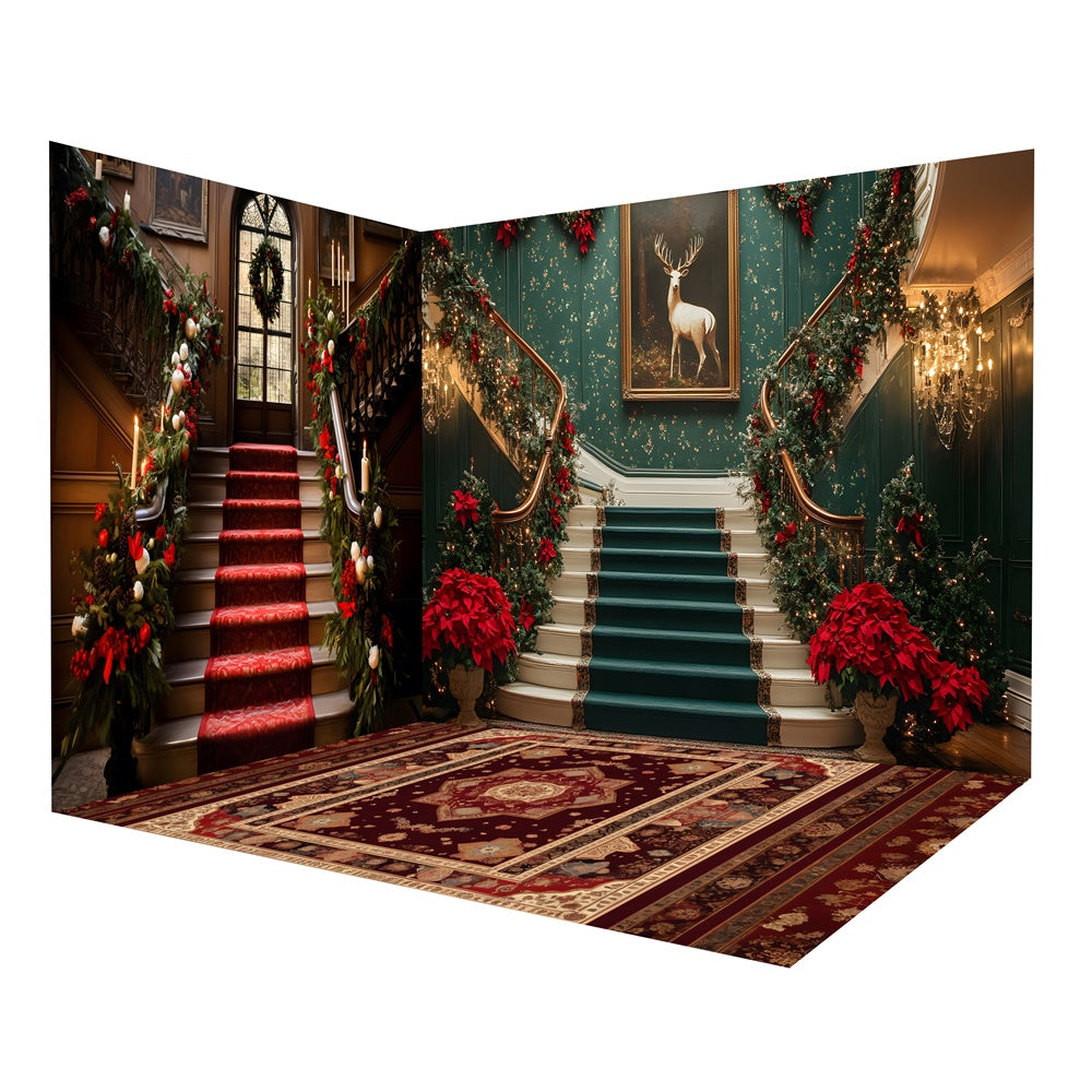 Weihnachten Retro Zimmer Treppe Burgunder Hintergrund Zimmerset RR8-626