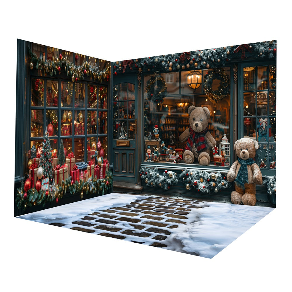 Weihnachtsgeschenkeladen Spielzeugbär Shop Schnee Hintergrund Zimmerset RR8-632