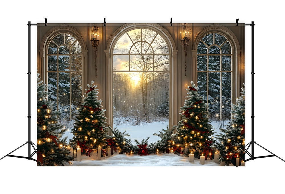 Weihnachtsbäume Kerzen Fenster Schnee Kulisse RR8-89