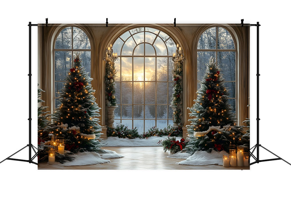 Weihnachtsbäume Fenster verschneiter Wald Backdrop RR8-90