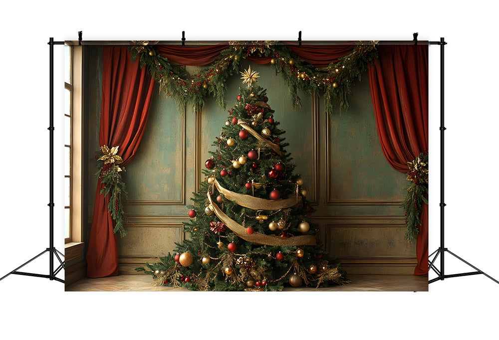 Weihnachtsbaum Rot Vorhang Girlande Backdrop RR8-93