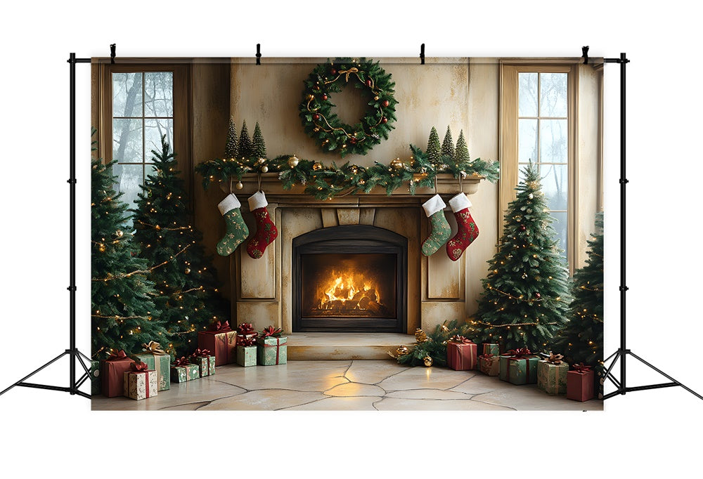 Weihnachtsbaum Lichter Kamin Socken Backdrop RR8-94