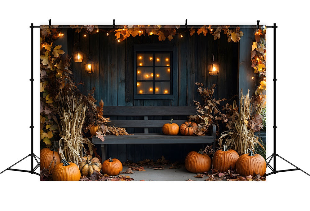 Herbst Holz Stuhl Lichterkette Blätter Hintergrund RR9-16