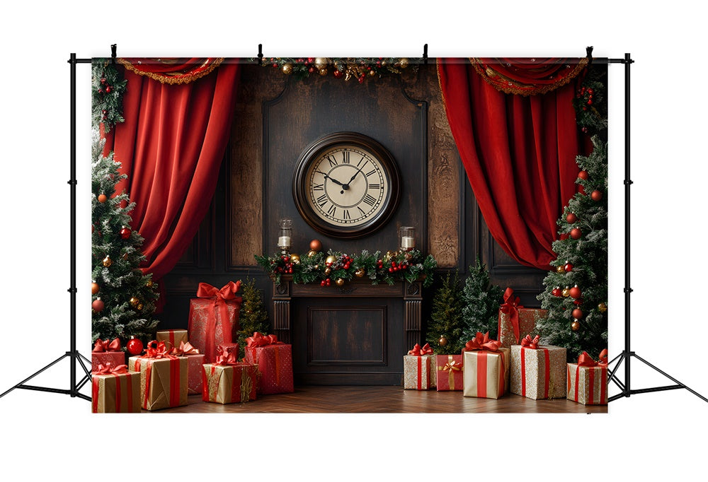 Vintage Uhr Weihnachten Wandvorhang Bäume Backdrop RR9-52