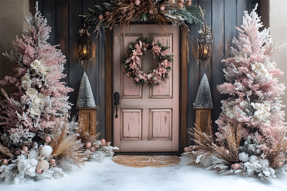 Weihnachten Rosa Baum Kranz Tür Schnee Backdrop RR9-77