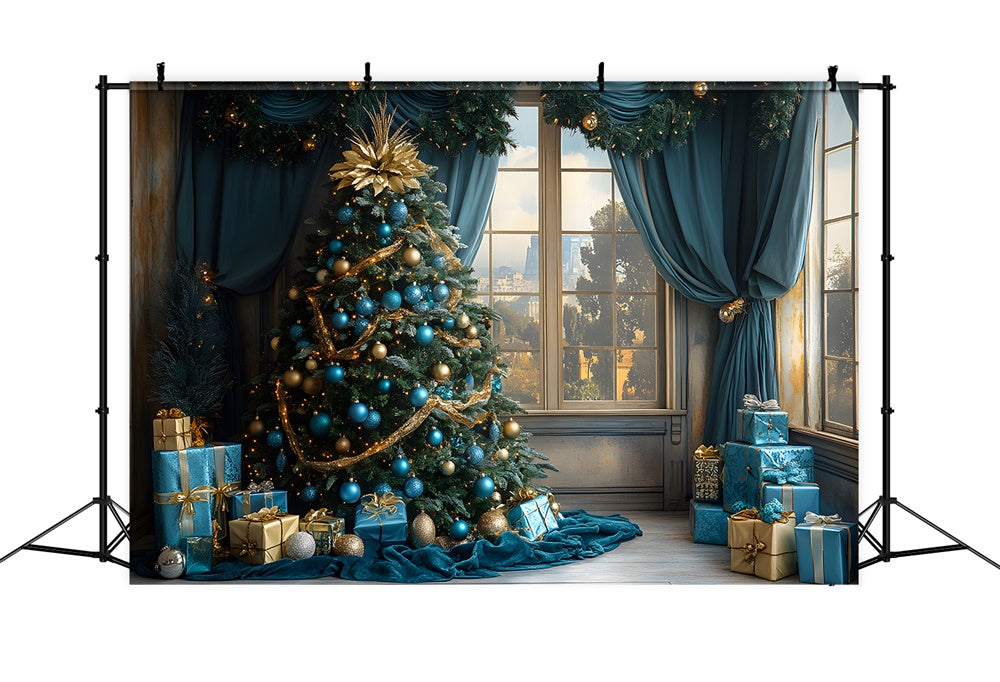 Blaue Weihnachtskugel Baum Fenster Stadtansicht Backdrop RR9-78