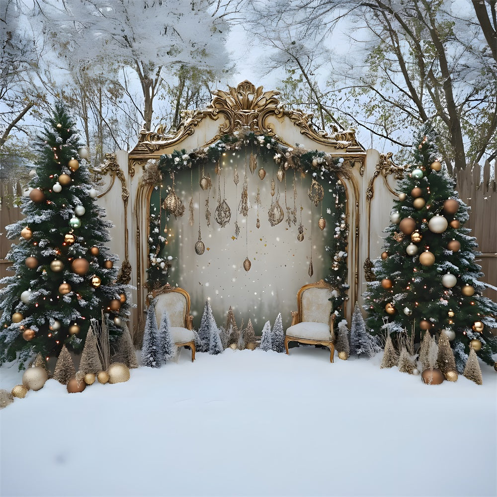 Verschneiter Weihnachtshof geschmückter Baum Tür Backdrop RR9-79