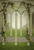 Fantasie Garten rosa Rosen grünes Gras Vintage Säule Foto Hintergrund S-3155