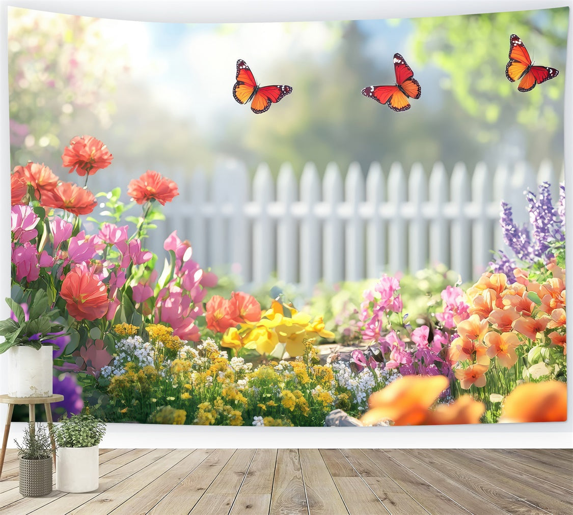 Frühling Floral Backdrop Schmetterling Garten Weißer Zaun Backdrop TWW2-34