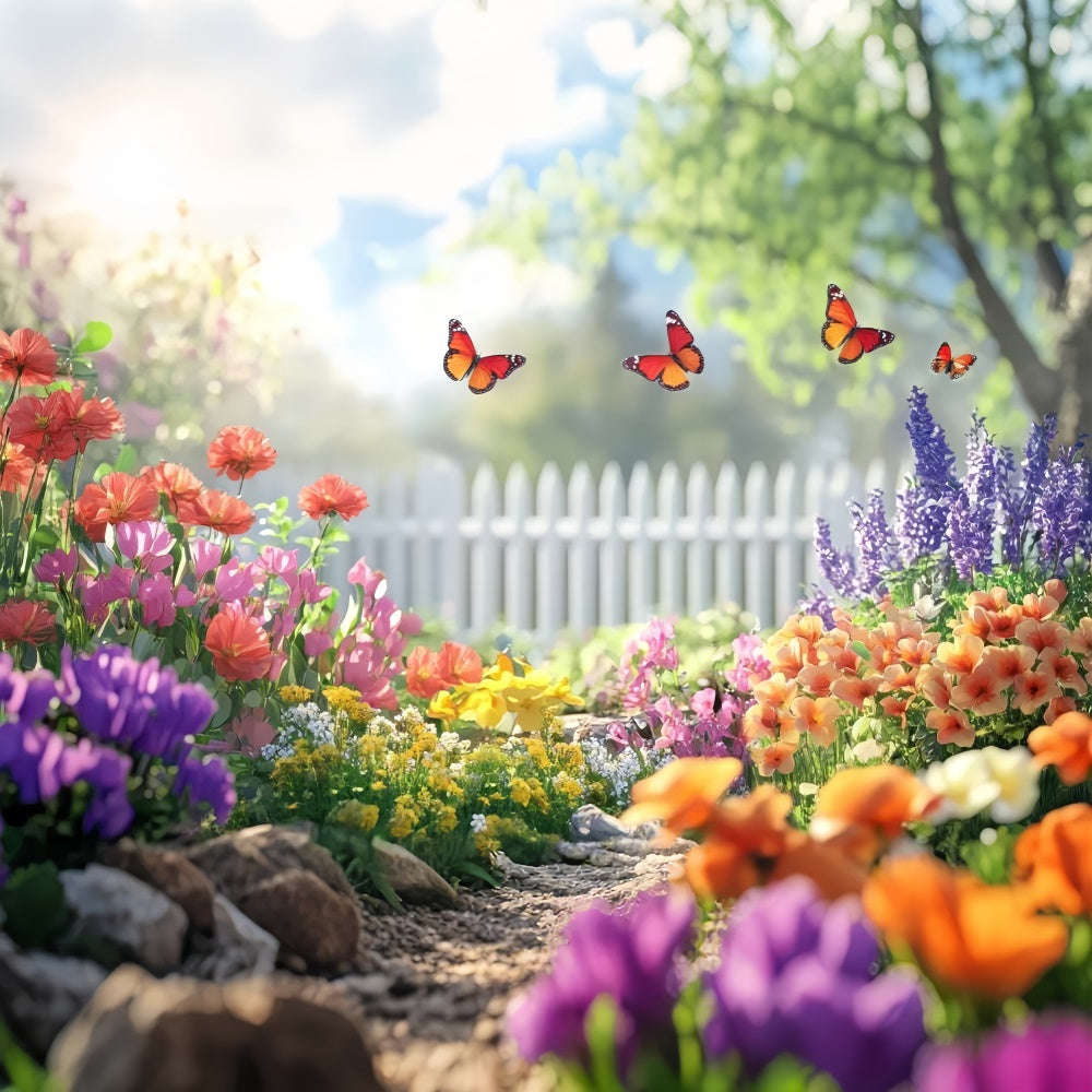 Frühling Floral Backdrop Schmetterling Garten Weißer Zaun Backdrop TWW2-34