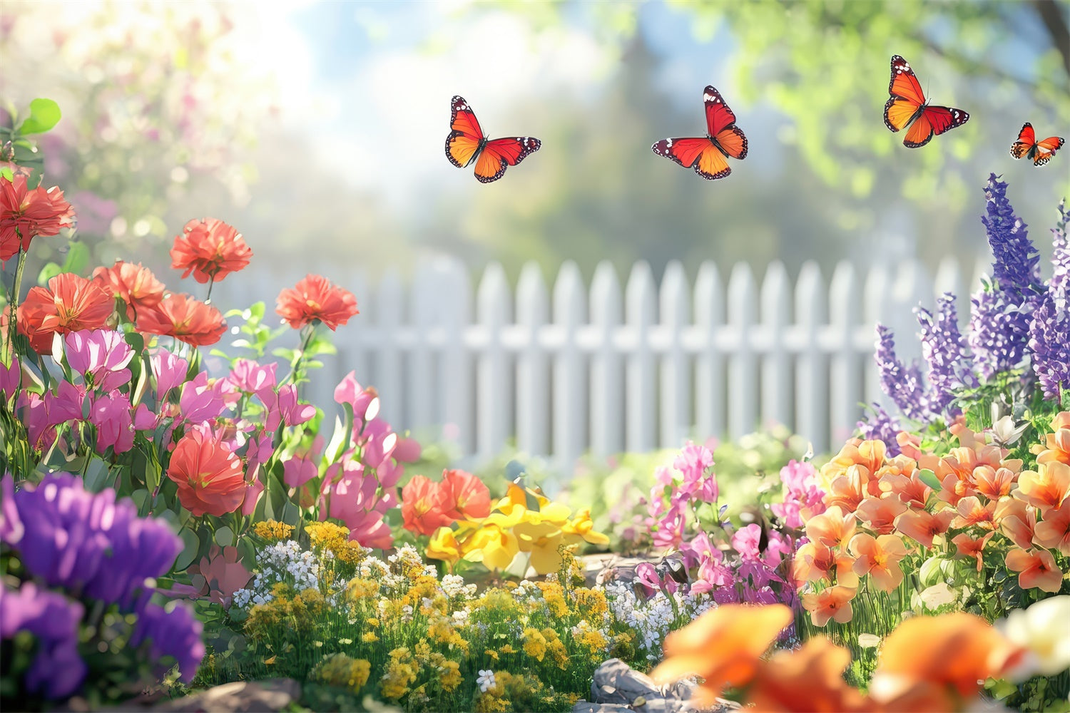 Frühling Floral Backdrop Schmetterling Garten Weißer Zaun Backdrop TWW2-34