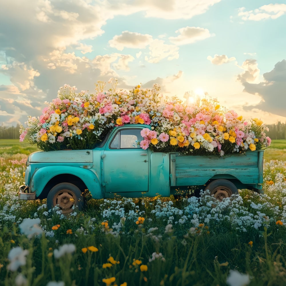 Frühling Backdrops Vintage Truck Lebendige Wildblumen Backdrop TWW2-40