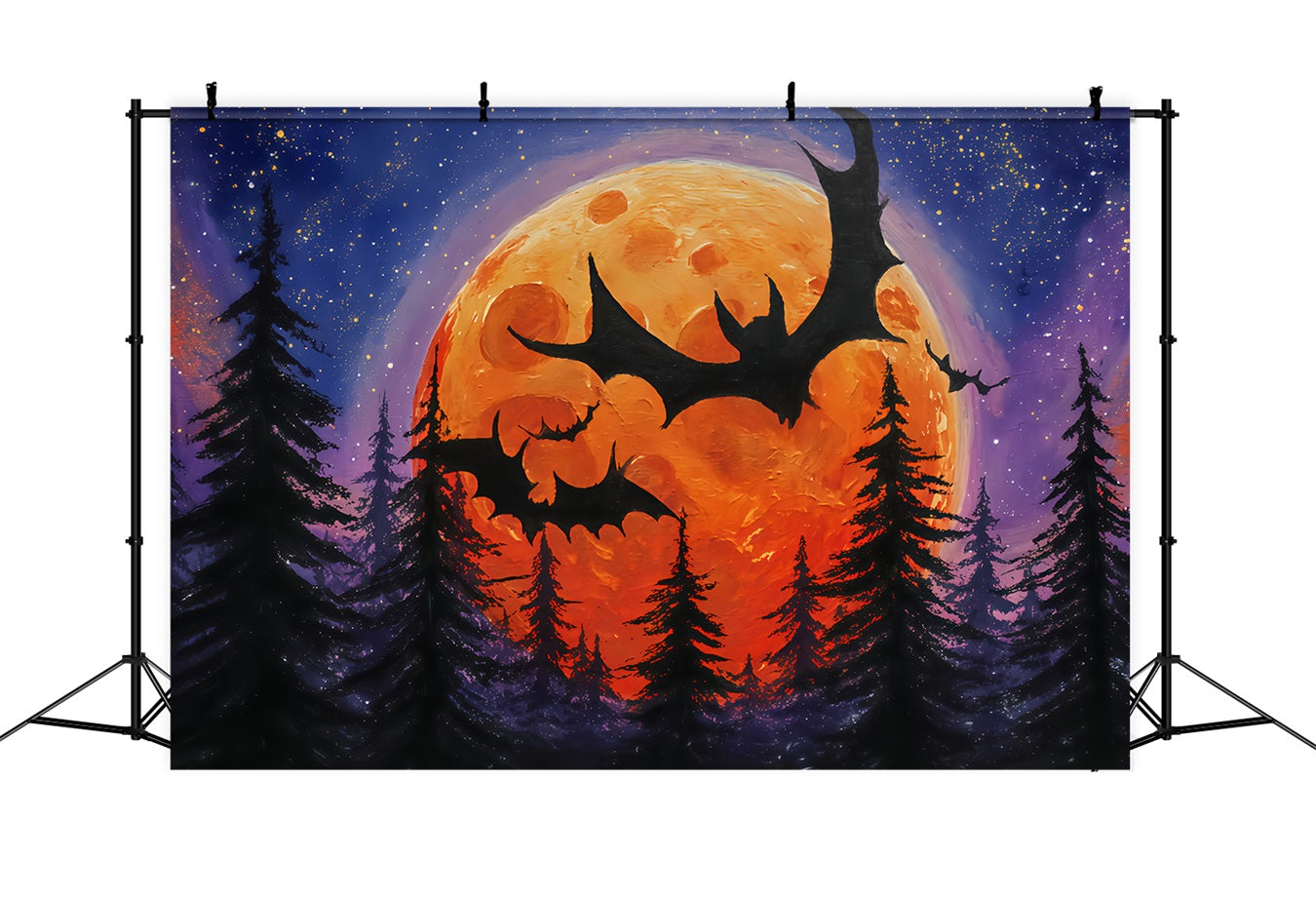 Halloween-Mond-Hintergrund Fliegende Flederm?use Oranger Mond Wald Halloween-Hintergr¨¹nde TWW510-12