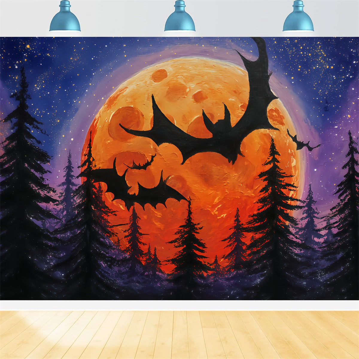 Halloween-Mond-Hintergrund Fliegende Flederm?use Oranger Mond Wald Halloween-Hintergr¨¹nde TWW510-12