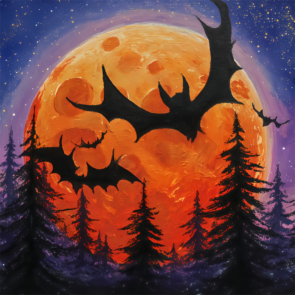 Halloween-Mond-Hintergrund Fliegende Flederm?use Oranger Mond Wald Halloween-Hintergr¨¹nde TWW510-12