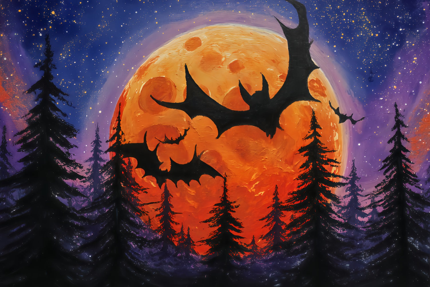 Halloween-Mond-Hintergrund Fliegende Flederm?use Oranger Mond Wald Halloween-Hintergr¨¹nde TWW510-12