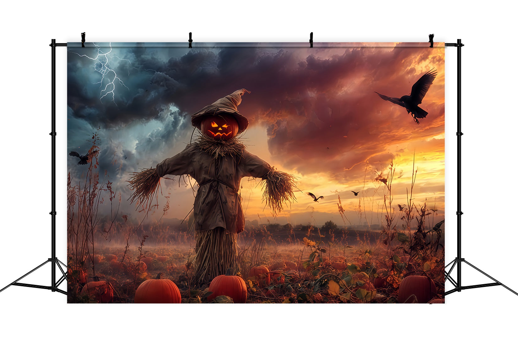 Spukwald-Hintergrund K¨¹rbis Vogelscheuche St¨¹rmisches Feld Gruseliger Halloween-Hintergrund TWW510-18