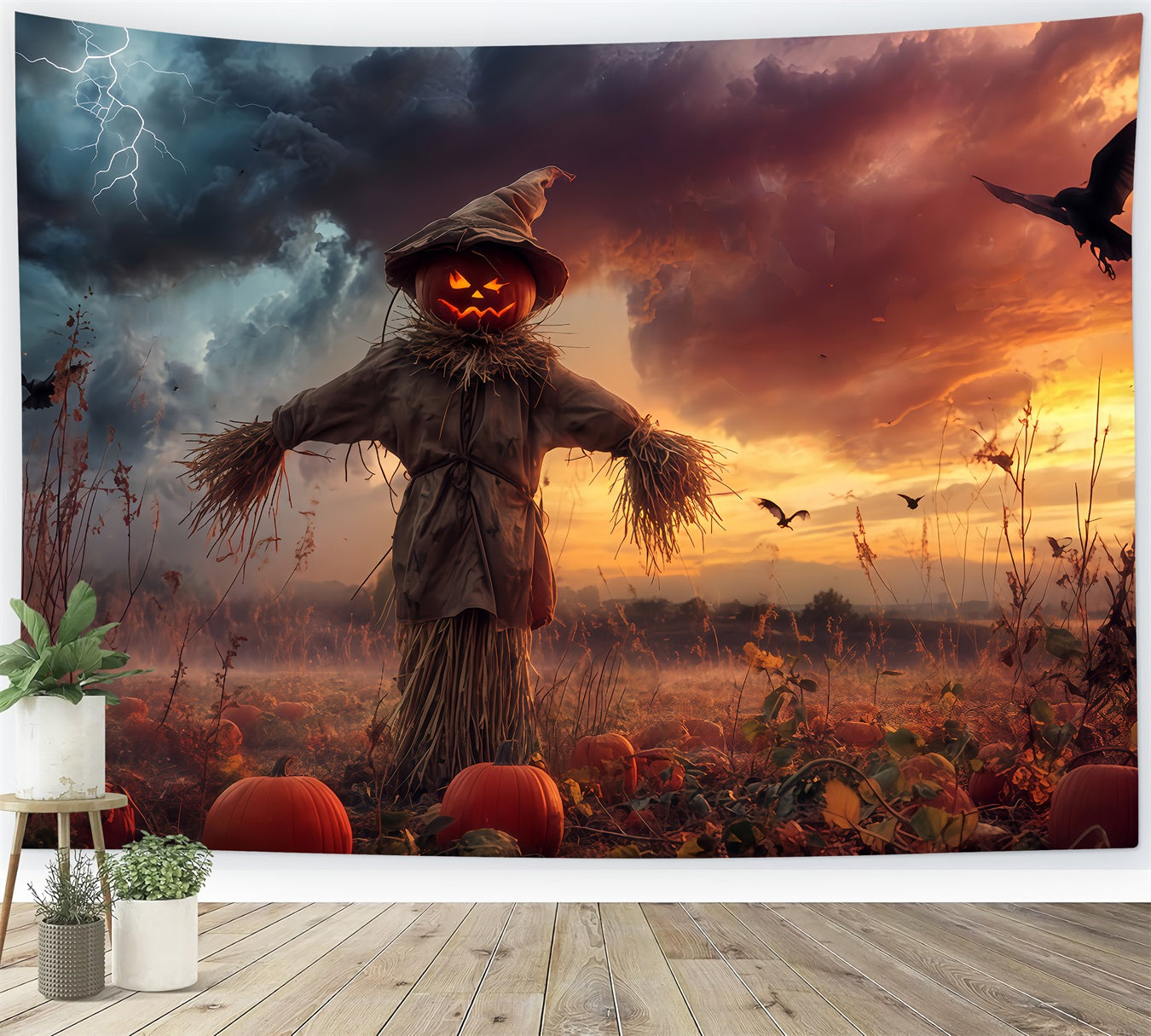 Spukwald-Hintergrund K¨¹rbis Vogelscheuche St¨¹rmisches Feld Gruseliger Halloween-Hintergrund TWW510-18
