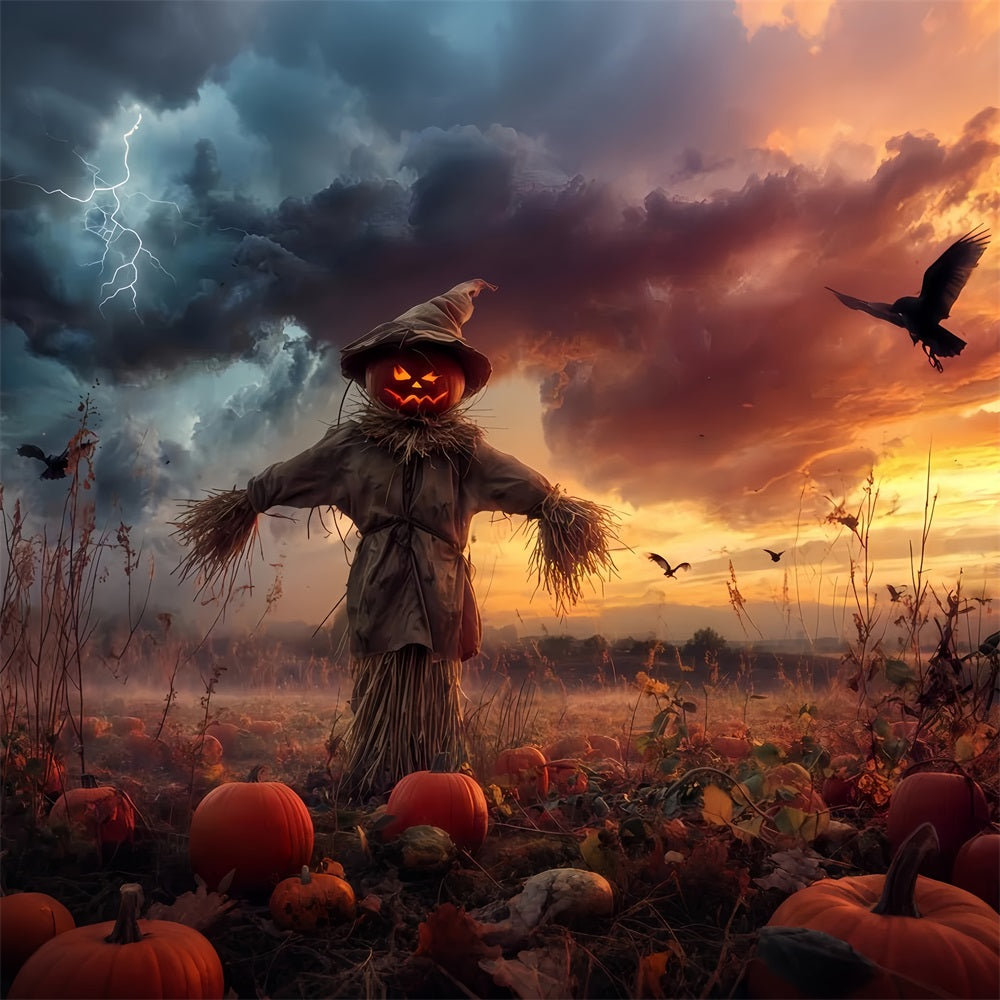 Spukwald-Hintergrund K¨¹rbis Vogelscheuche St¨¹rmisches Feld Gruseliger Halloween-Hintergrund TWW510-18