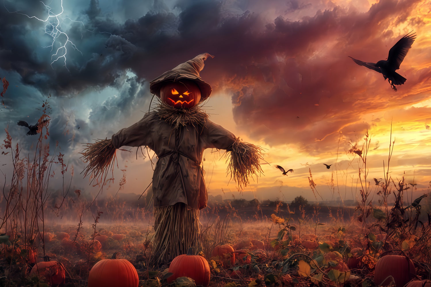 Spukwald-Hintergrund K¨¹rbis Vogelscheuche St¨¹rmisches Feld Gruseliger Halloween-Hintergrund TWW510-18