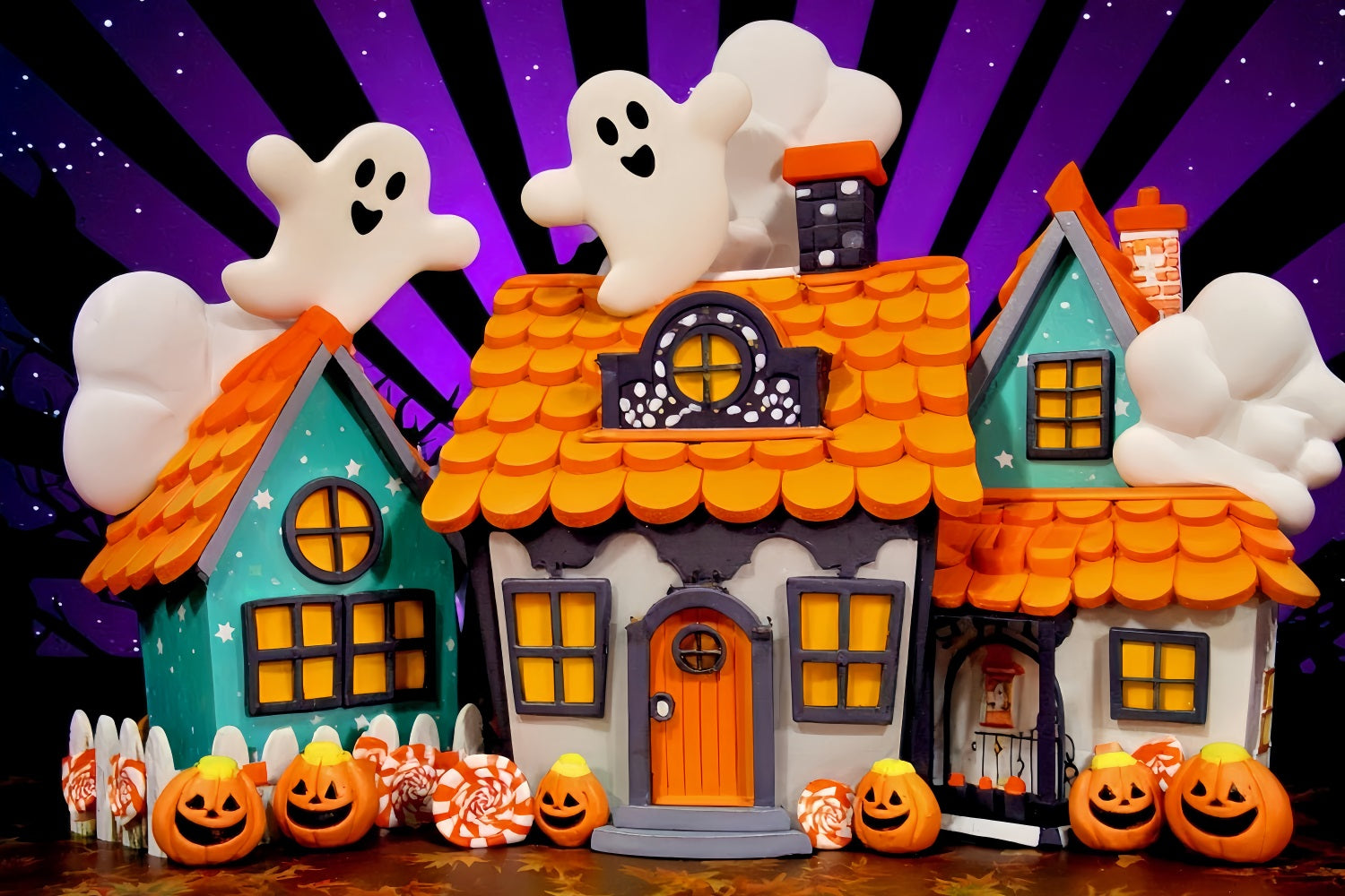 Spukhaus-Hintergrund Niedliche Geister Bonbonh?user Halloween-Fotografie-Hintergrund TWW510-19