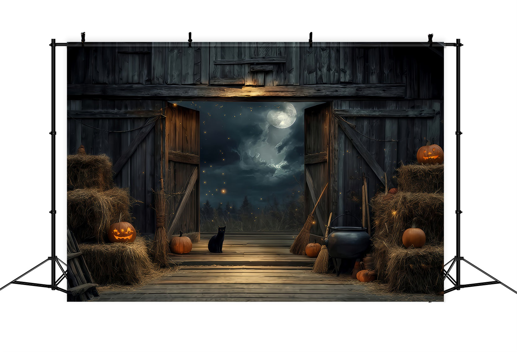 Halloween-Hintergrund in Farbe Schwarze Katze Scheune Mondlicht Halloween-Hintergrund TWW510-21
