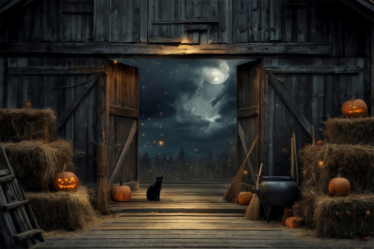 Halloween-Hintergrund in Farbe Schwarze Katze Scheune Mondlicht Halloween-Hintergrund TWW510-21